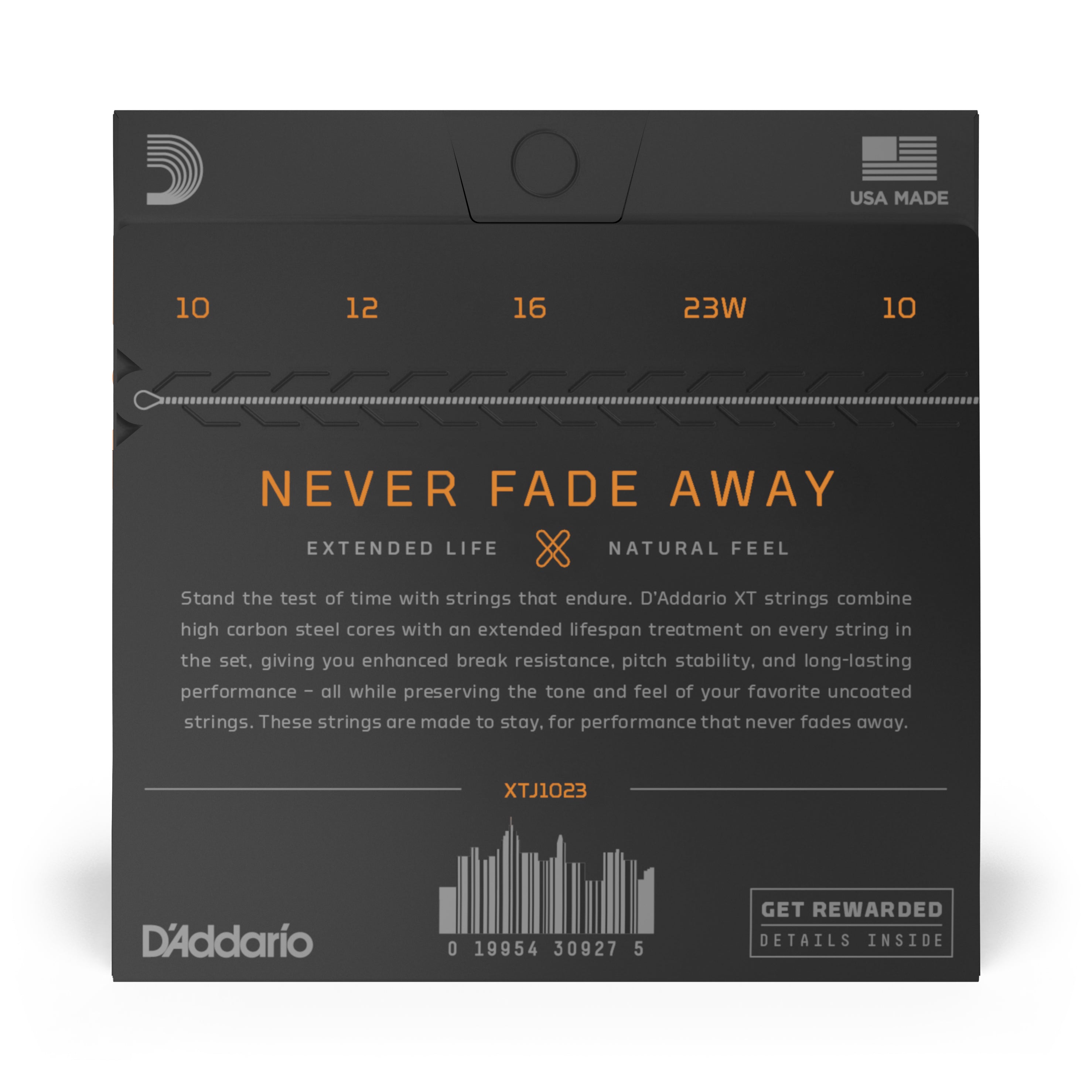 Front view of a DAddario XTJ1023 XT Nickel Plated Steel Banjo Strings package, featuring orange string gauges (10-23), nickel plated steel details, barcode, and the slogan “Never Fade Away” on a dark, corrosion-resistant background.