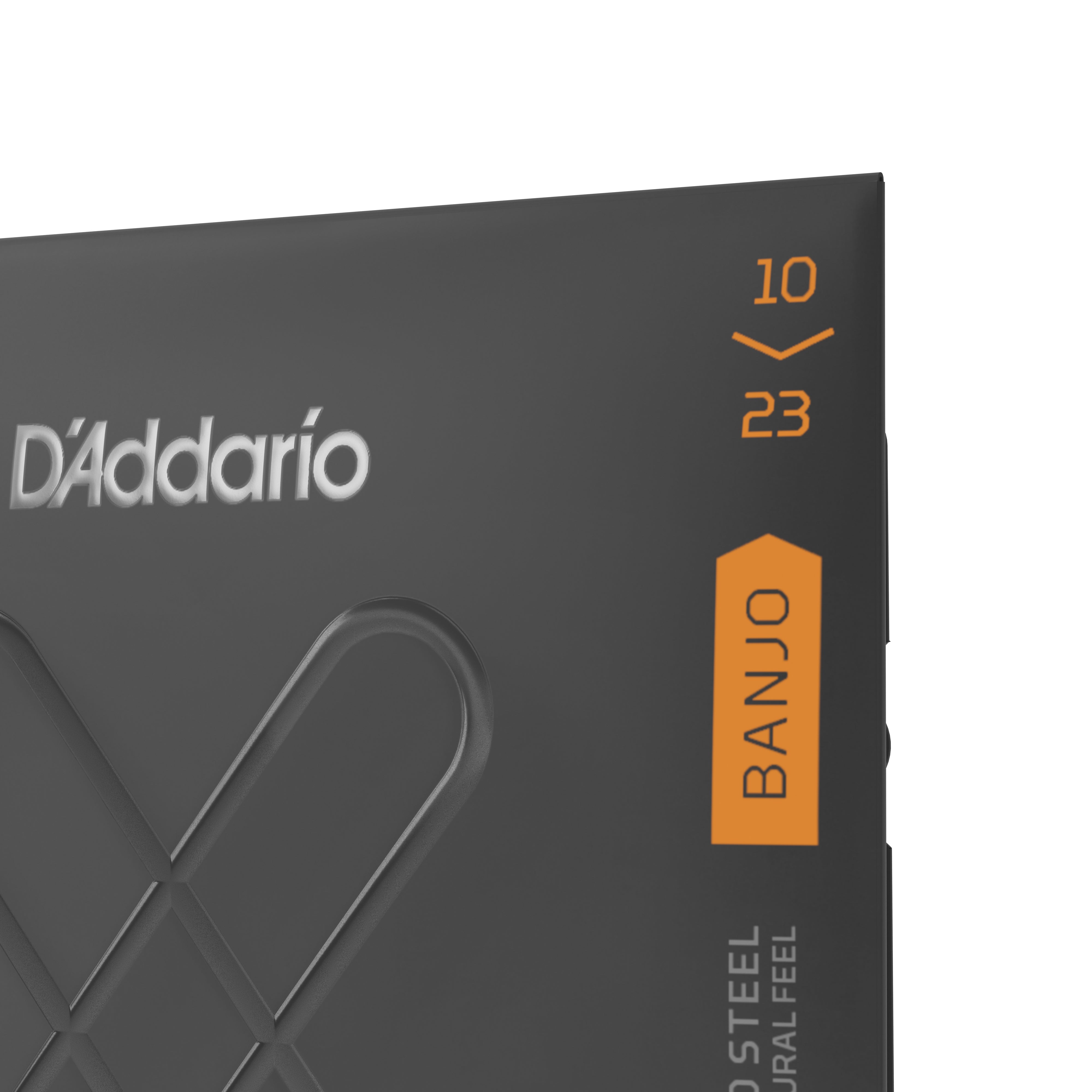 Close-up of a DAddario XTJ1023 Nickel Plated Steel Banjo Strings package, medium gauge 10-23, with brand name in white and orange on a dark gray background—crafted for enhanced corrosion resistance.