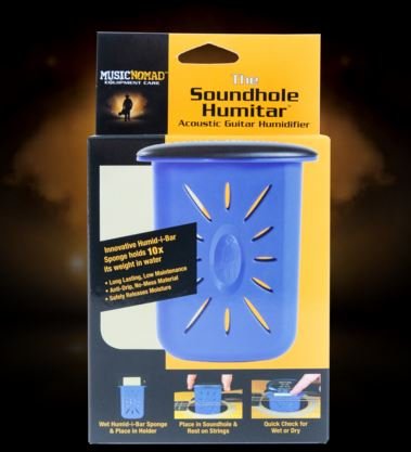 A retail package for the Music Nomad The Humitar - Acoustic Guitar Soundhole Humidifier (MN300) shows a blue, slotted container and highlights key benefits on its distinctive black-and-yellow box.