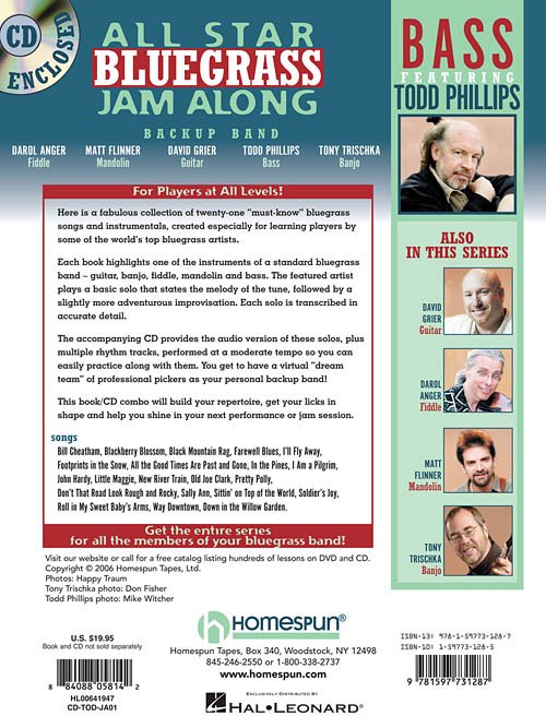 Back cover of Hal Leonard Corp.'s All Star Bluegrass Jam Along Bass (HL00641947), featuring note-for-note transcriptions, jam CD with bassist Todd Phillips, musician headshots, and publisher details at the bottom.