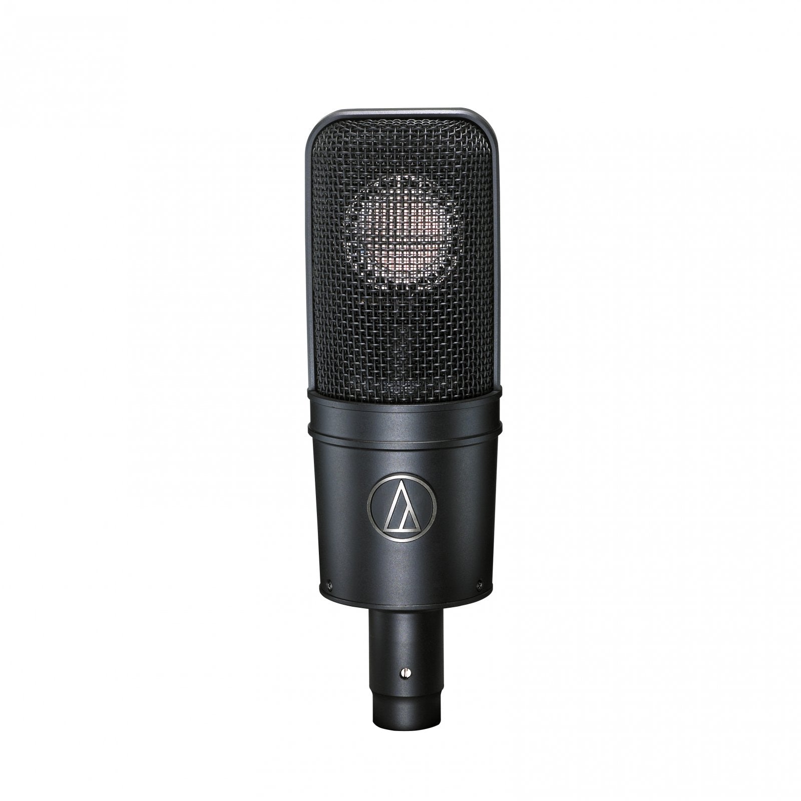 A black Audio-Technica Cardioid Condenser Mic (AT4040) with a large diaphragm, rectangular mesh grille, and front logo is displayed against a plain white background.