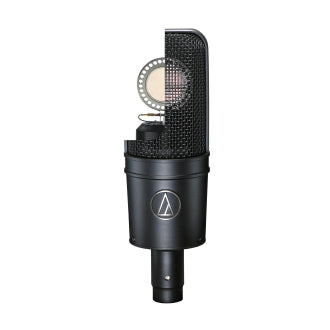 The Audio-Technica Cardioid Condenser Mic (AT4040) is shown with its left half displaying the exterior and the right half cut away to reveal internal components and wiring; the black microphone also features a circular logo on its front.