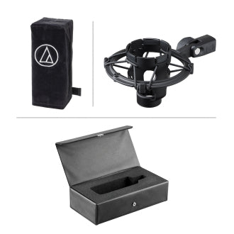 On a white background: an open black hard case with foam insert, a black rectangular pouch with logo, and a low noise microphone shock mount for the Audio-Technica Cardioid Condenser Mic (AT4040).