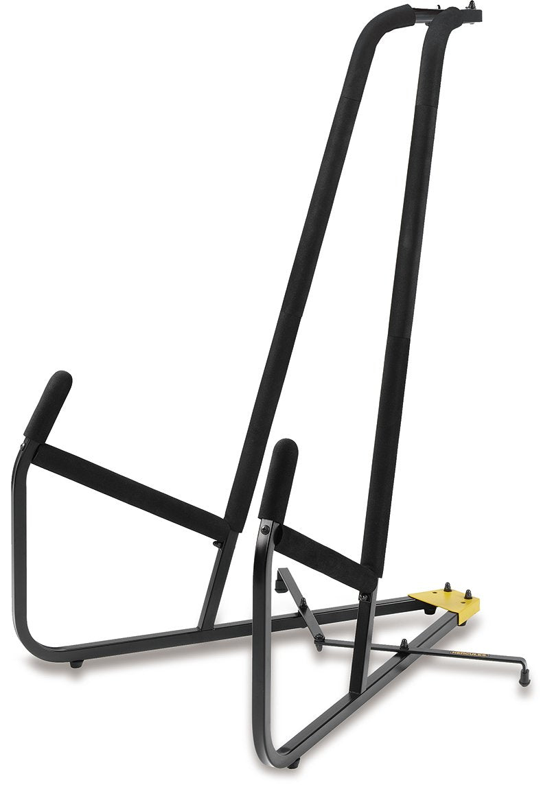 The Hercules Double Bass Stand (DS590B) by Hercules is a sturdy black metal stand with padded support for double bass instruments, featuring strong steel construction and secure footrests.