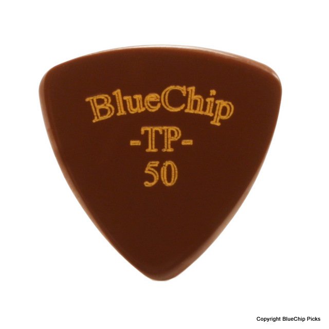 The BlueChip Picks (TP50) by BlueChip is a brown, triangular pick with rounded edges and BlueChip -TP- 50 in yellow on the front—ideal for acoustic music fans.