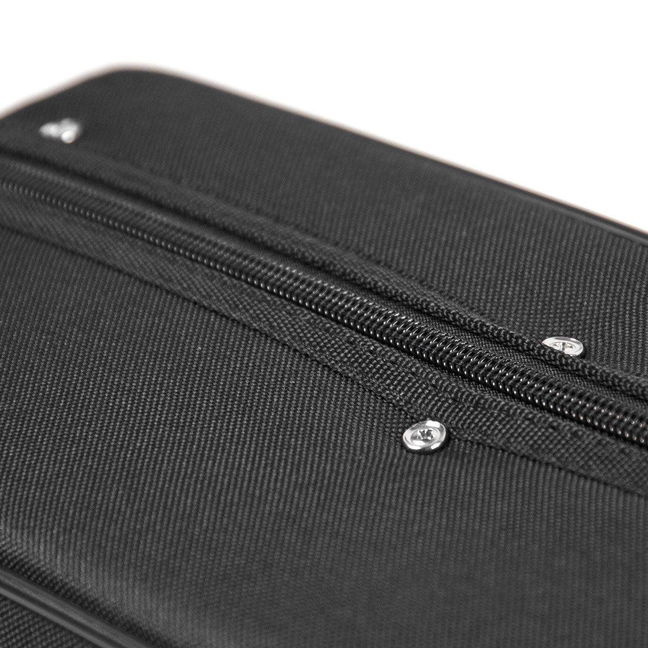 Close-up of the Guardian Hard Foam Case- Soprano Ukulele (CG-010-US) by Guardian, featuring a zipper, two silver rivets, and durable high-density foam padding for enhanced instrument protection.