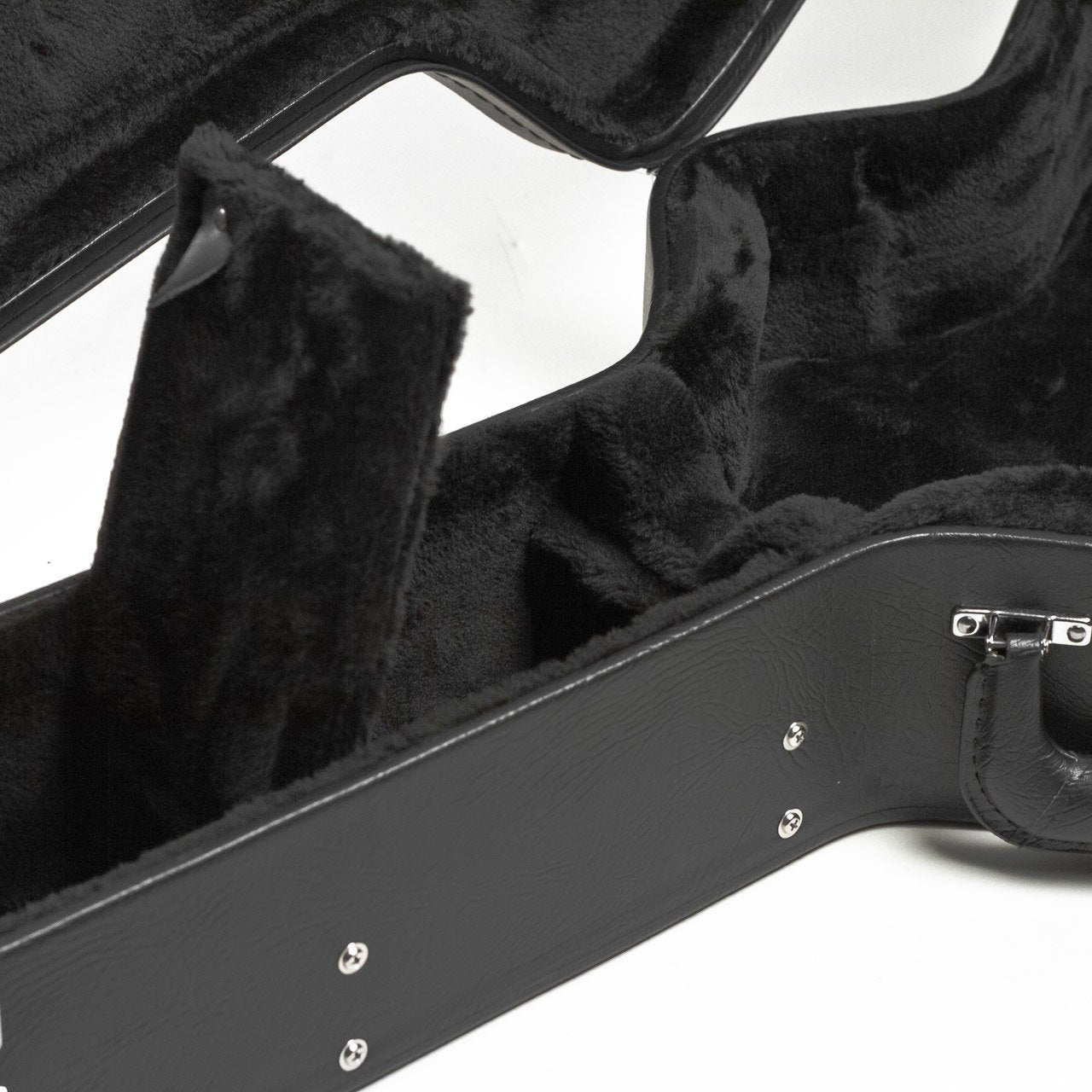 The Guardian CG-022-P Deluxe Hardshell Case-Parlor Acoustic by Guardian features a black plush-lined interior, open lid, accessory compartment, and metal hingesโideal protection for parlor acoustic instruments.