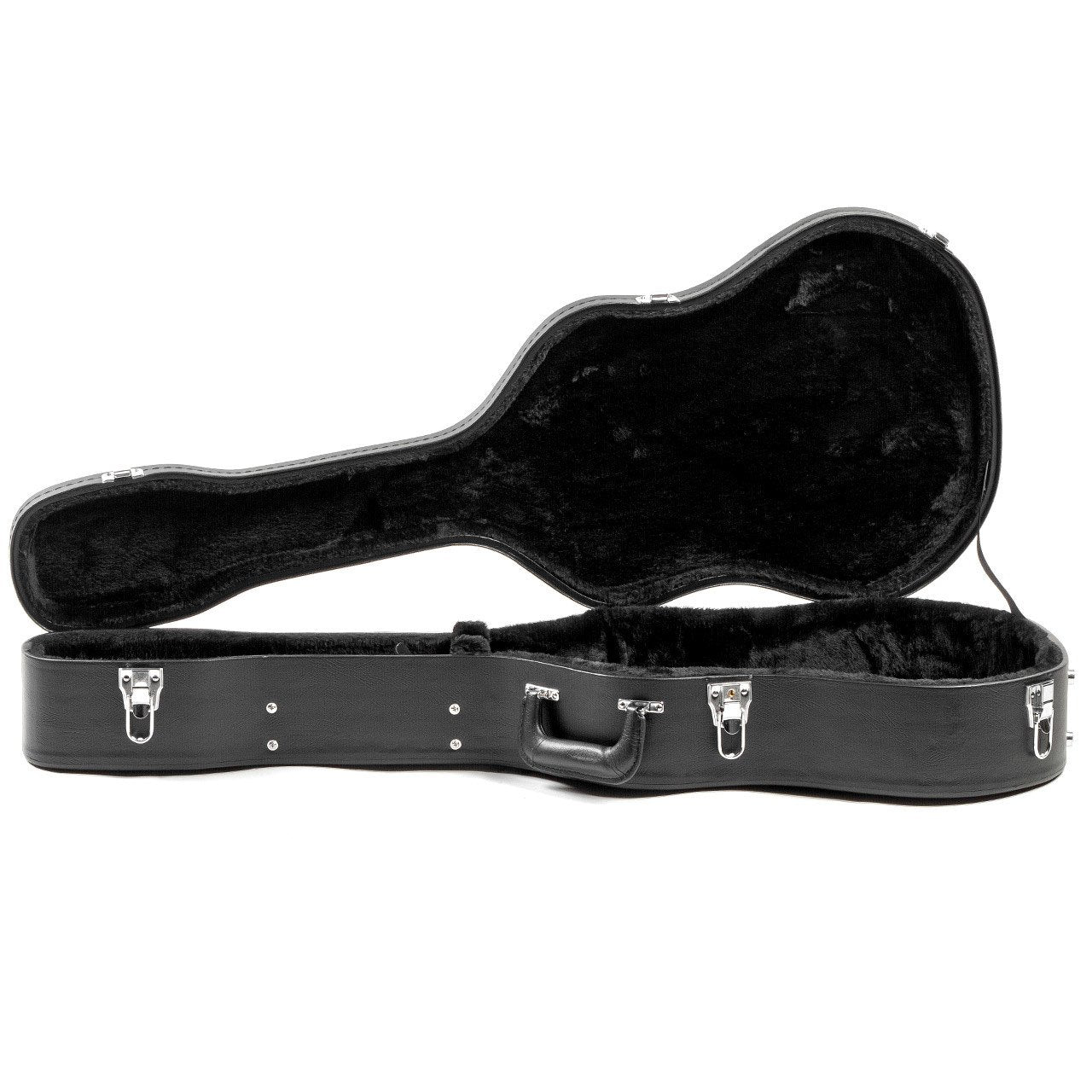 The Guardian CG-022-P Deluxe Hardshell Case-Parlor Acoustic by Guardian is a black archtop case with a plush velvet-lined interior, metal clasps, and side handle—perfect for protecting your acoustic instruments.