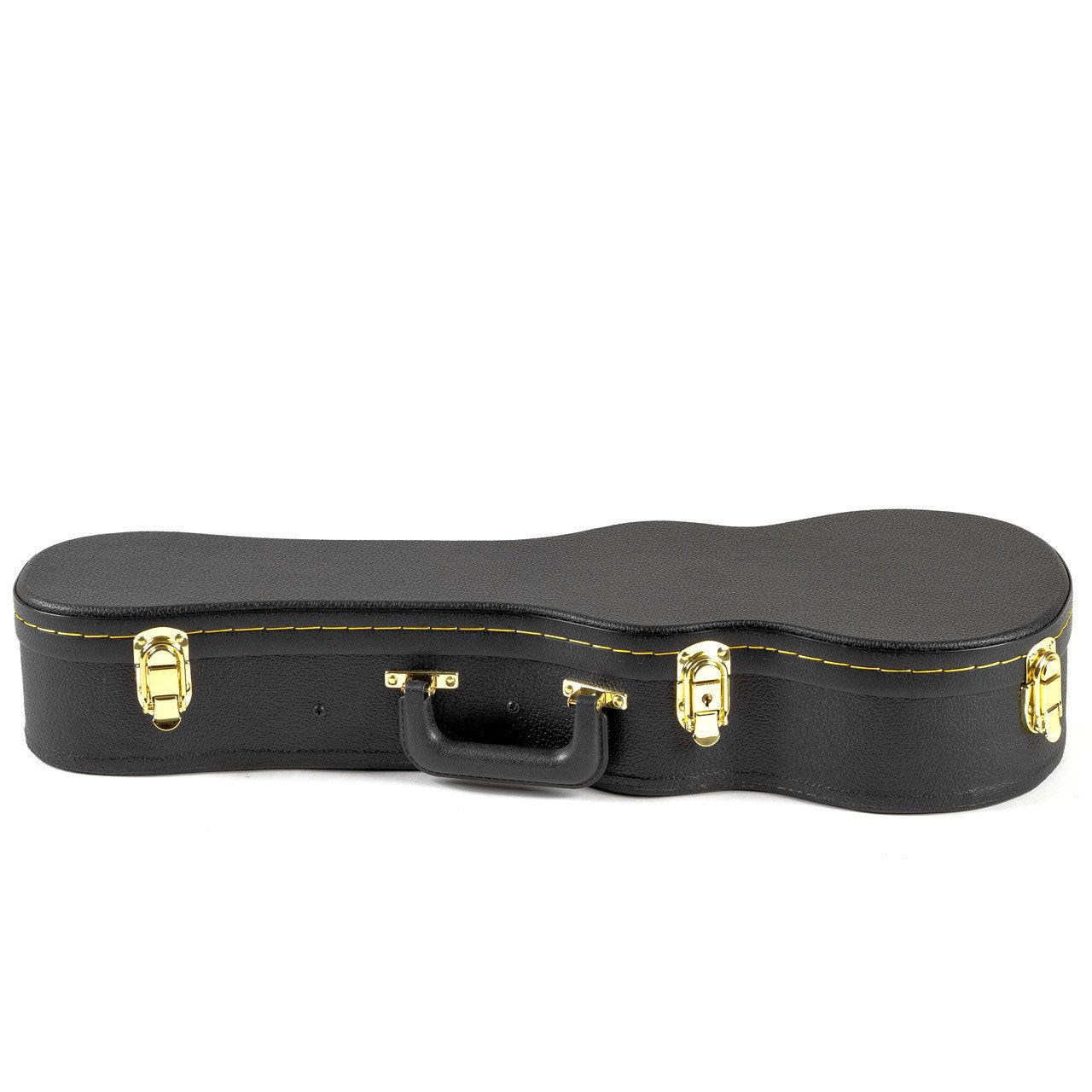 The Guardian CG-020-UC Hardshell Case for concert ukulele by Guardian features a black finish, gold metal latches, yellow stitching, and a handle, shown on a white background.