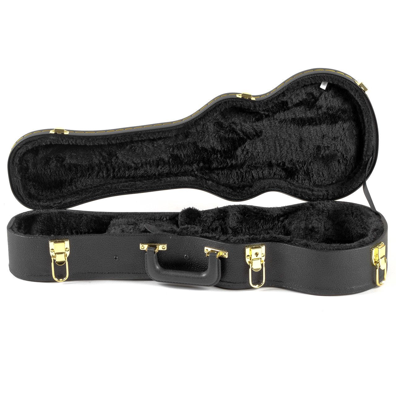 The Guardian CG-020-UC Hardshell Case for concert ukulele by Guardian features a plush interior, gold latches, and a handle. Shown open and empty with a black finish against a white background.