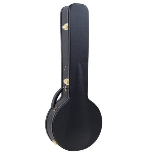 A Guardian CG-033-J Banjo Case by Guardian, featuring gold latches and a handle, stands upright closed against a white background.