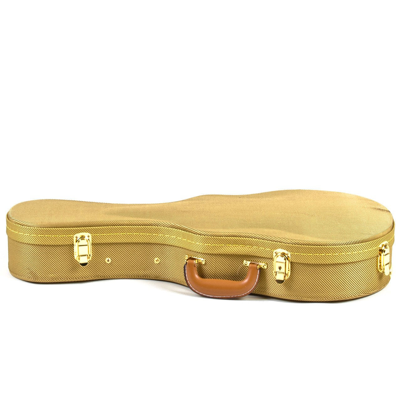 The Guardian CG-035-MA Tweed Hardshell Case for Mandolin features a light brown tweed exterior, gold latches, and a brown handle, providing classic archtop protection for your instrument.