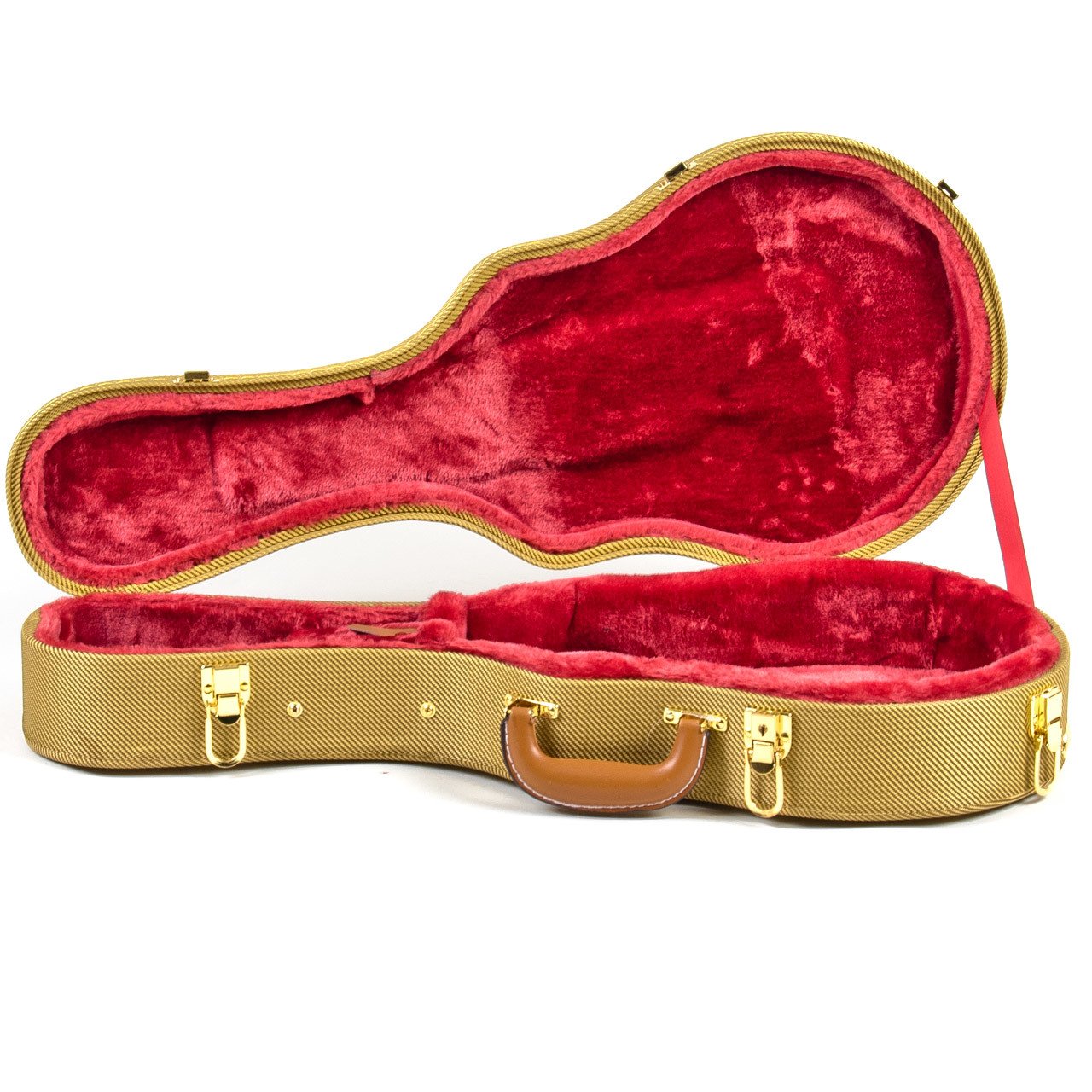 The Guardian CG-035-MA Tweed Hardshell Case Mandolin by Guardian features an empty tan tweed exterior with a brown handle, gold clasps, and plush red velvet interior, offering stylish archtop protection for your mandolin.