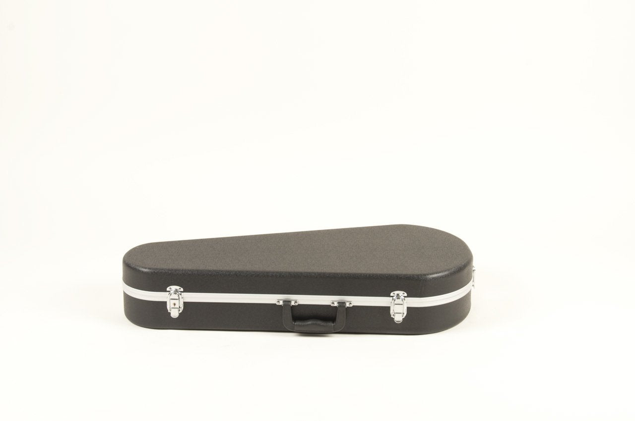 The Guardian CG-040-MF Molded Plastic Case for F style mandolin features a black, teardrop-shaped hard shell with silver latches and a handle, displayed against a plain white background.