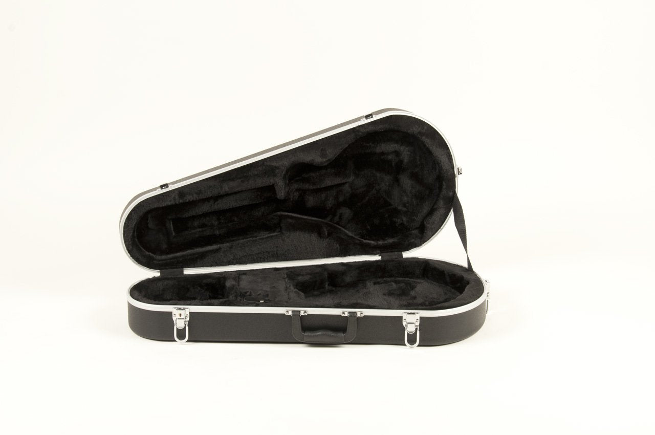 The Guardian CG-040-MF Molded Plastic Case for F Style Mandolin by Guardian is open and empty, showing its black molded plastic exterior and soft plush interior against a plain white background.