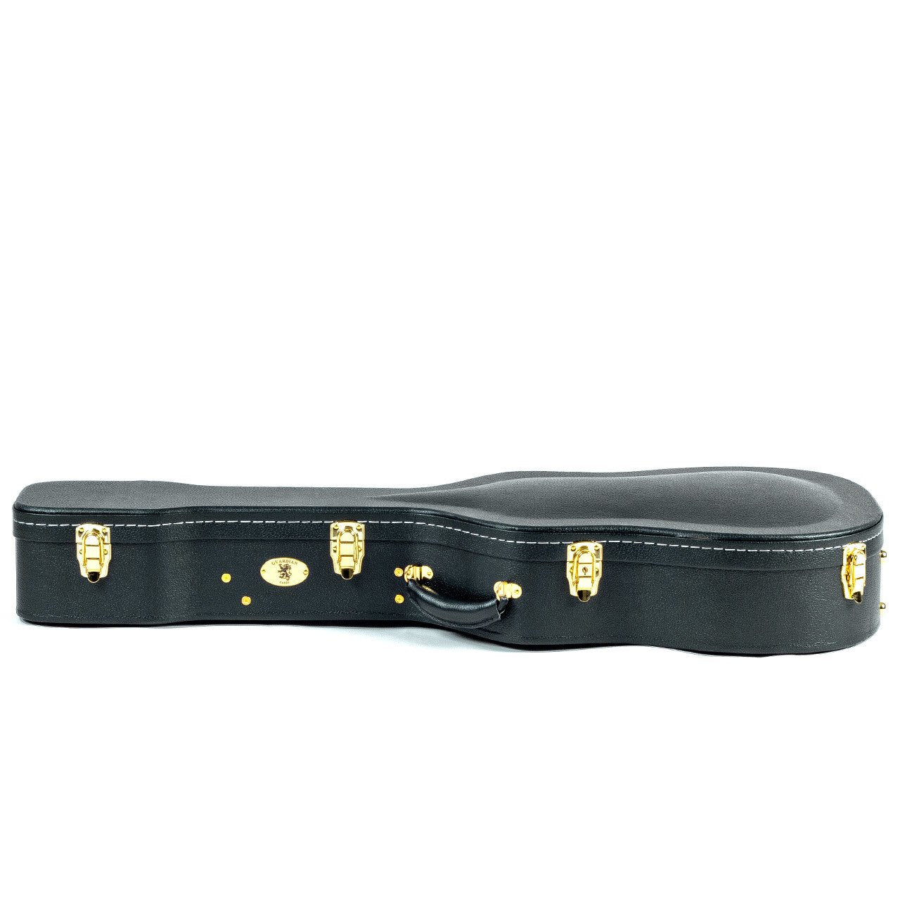 The Guardian CG-044-D Hardshell Case-Vintage Dreadnought by Guardian is a black, contoured case with gold latches and a handle, designed to fit dreadnought acoustic guitars. It sits closed on a white background.