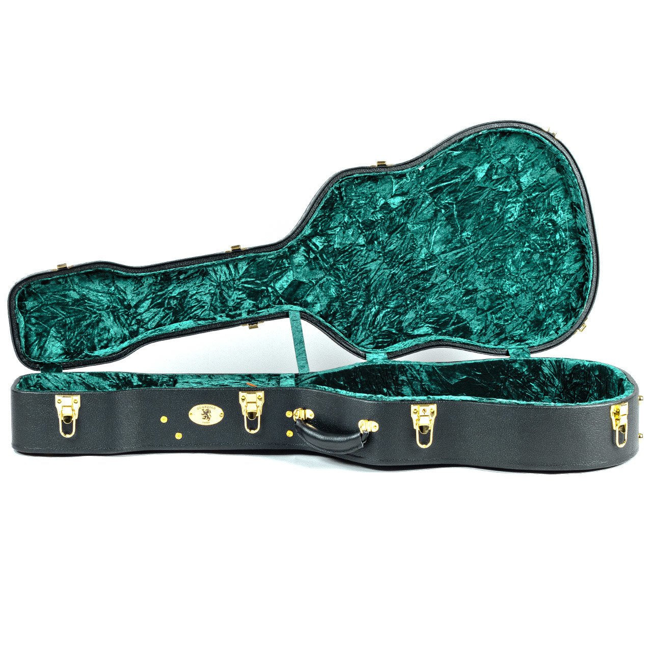 The Guardian CG-044-D Hardshell Case-Vintage Dreadnought by Guardian is displayed open and empty, featuring a black exterior, gold latches, and a plush emerald green interior against a white background.