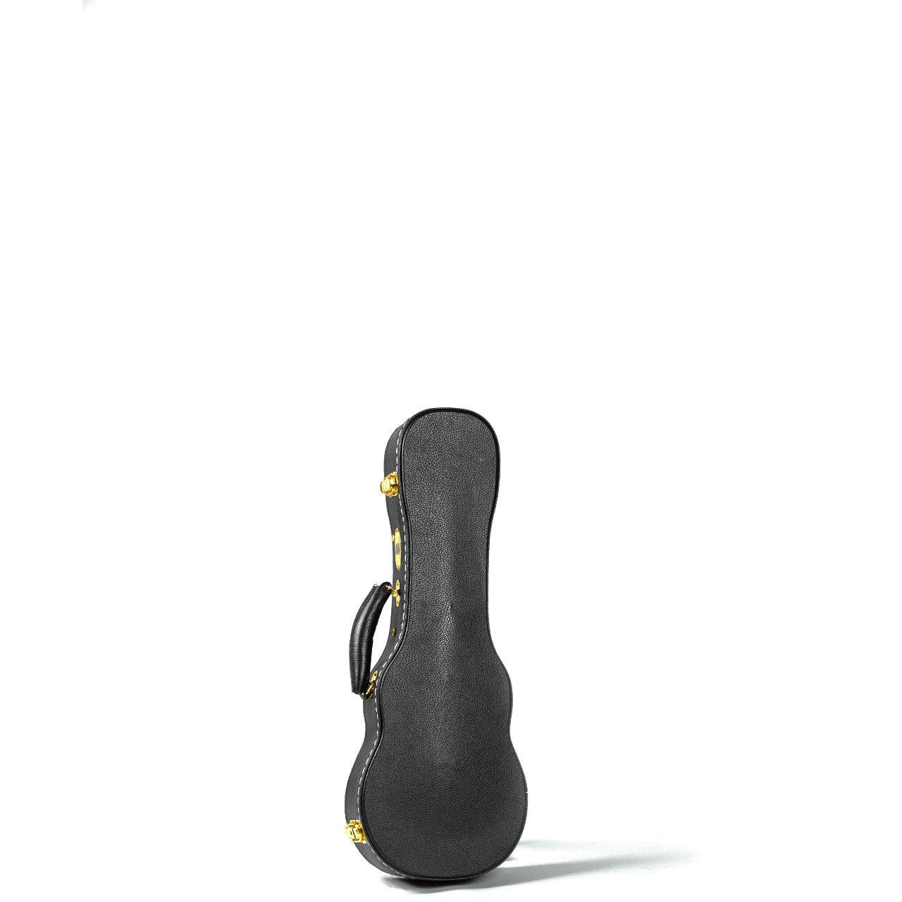 The Guardian CG-044-UC Hardshell Case-Vintage Concert Ukulele in black with gold latches stands upright against a plain white background.
