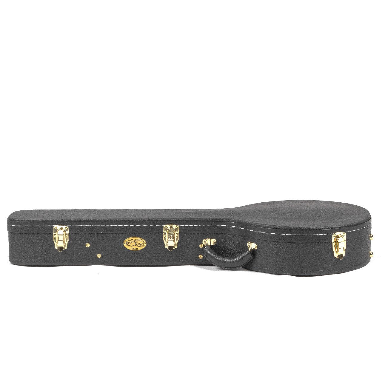 The Recording King Guardian CG-044K-J Vintage Hardshell Resonator Banjo Case, in black with gold latches and a handle, is shown closed on a white background.