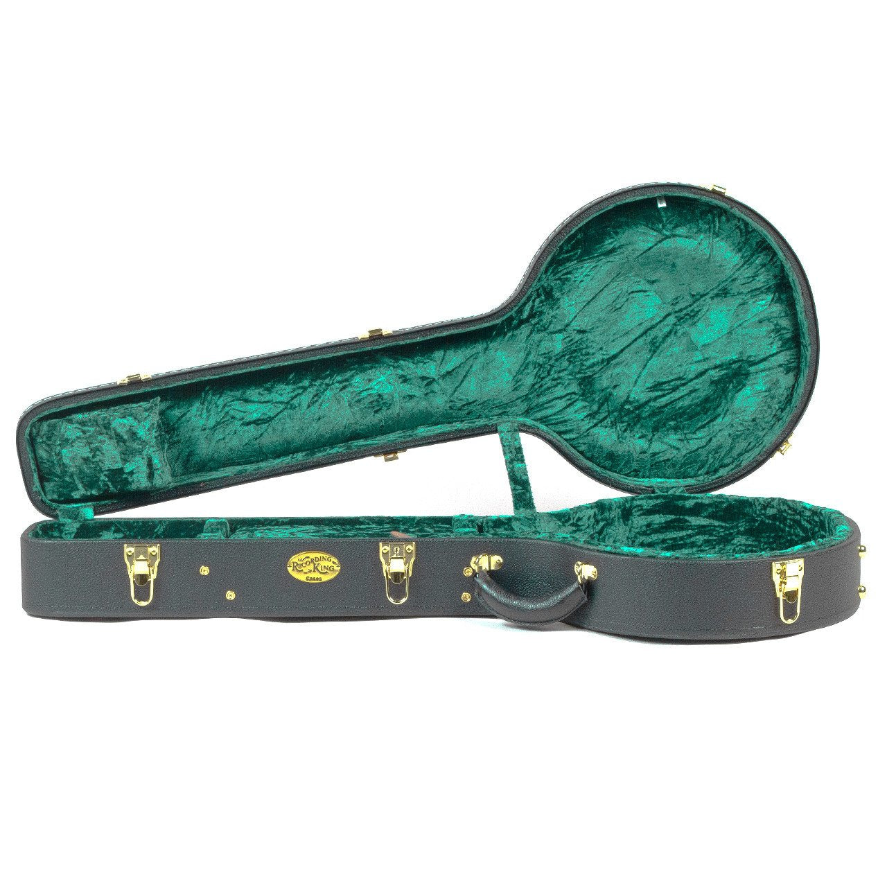 The Guardian CG-044K-J Recording King Vintage Hardshell Case for resonator banjo is open, showing emerald green plush lining. It features gold-colored clasps, a sturdy handle, and the Recording King logo on the front.