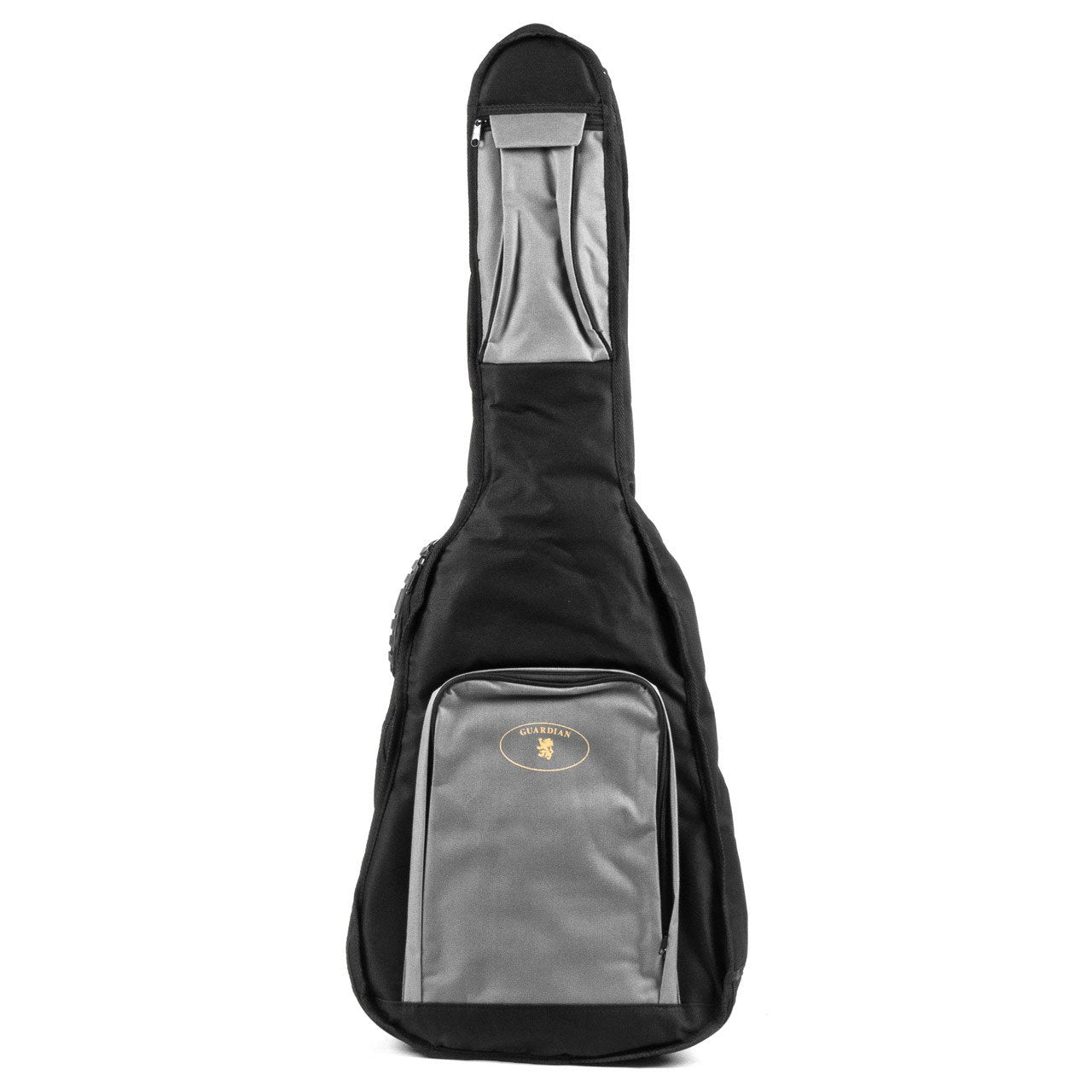 The Guardian CG-205-O Guitar Bag features a black Duraguard exterior for durability, a gray front zippered pocket with an oval logo, and a convenient top handle, perfect for size 0 guitars.