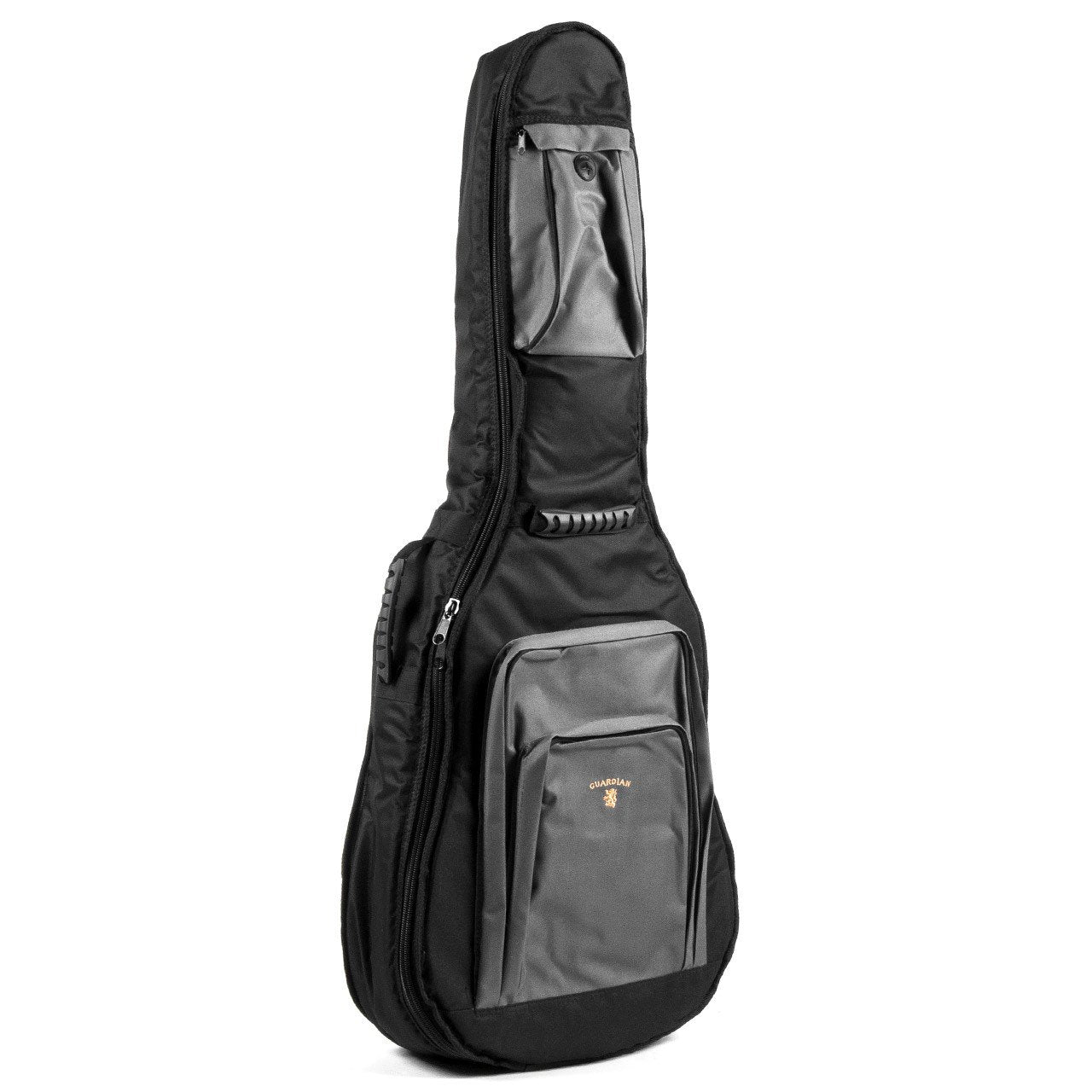 The Guardian Elite Guitar Bag Dreadnought (CG-220-D) by Guardian features black and gray padding, multiple zippered pockets, and a handle—perfect for protecting and transporting your dreadnought guitar.