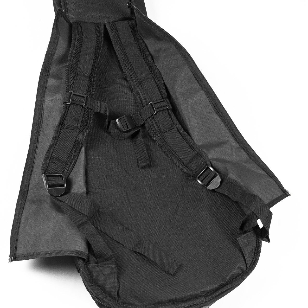 The Guardian Elite Guitar Bag Dreadnought (CG-220-D) by Guardian is shown open flat on a white background, displaying its black padded design with unzipped sides, adjustable shoulder straps, chest strap, and part of the interior.