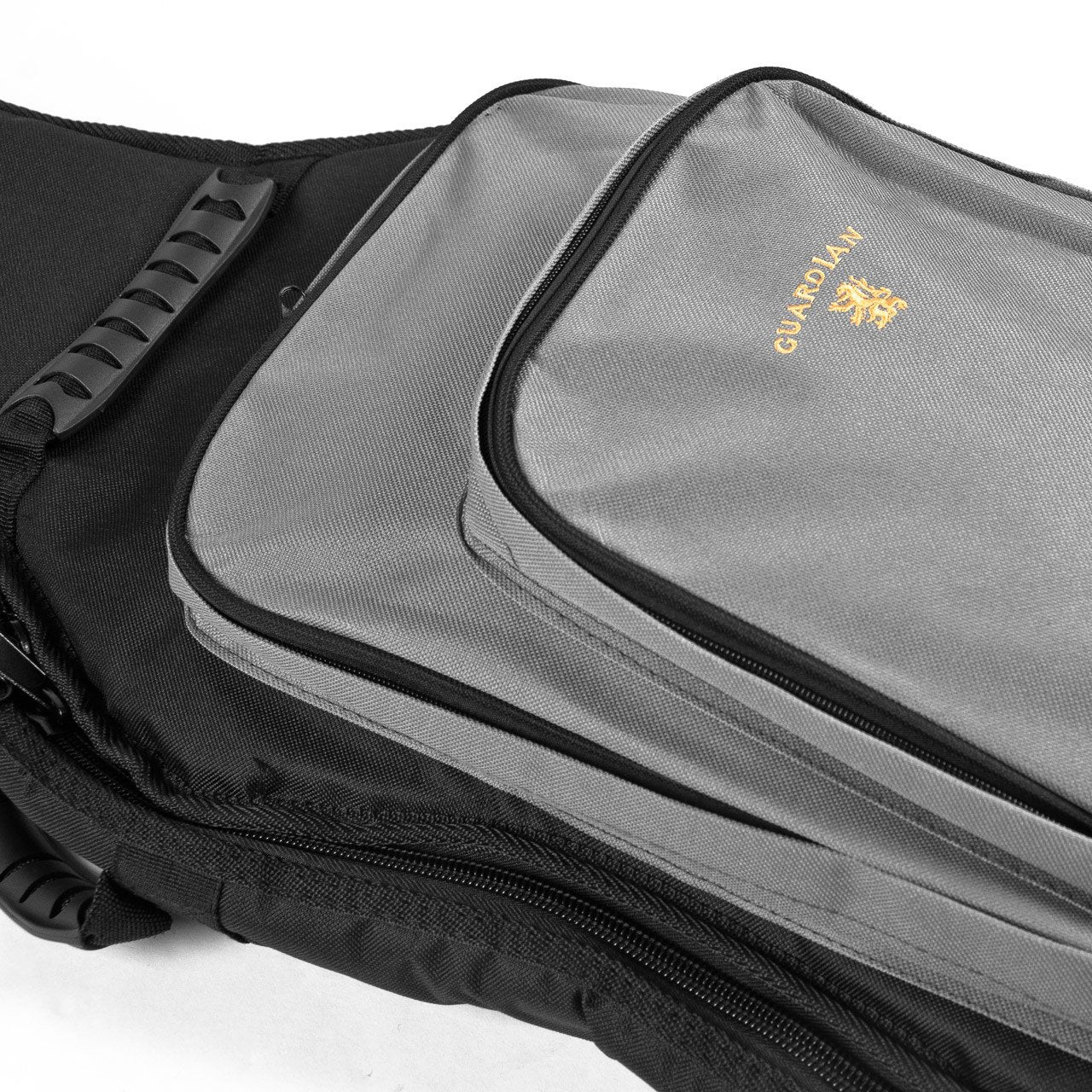 Close-up of the Guardian Elite Guitar Bag Dreadnought (CG-220-D) in gray and black, featuring a visible handle, zippered compartments, and yellow embroidered Guardian branding—combining style and function for your dreadnought guitar.