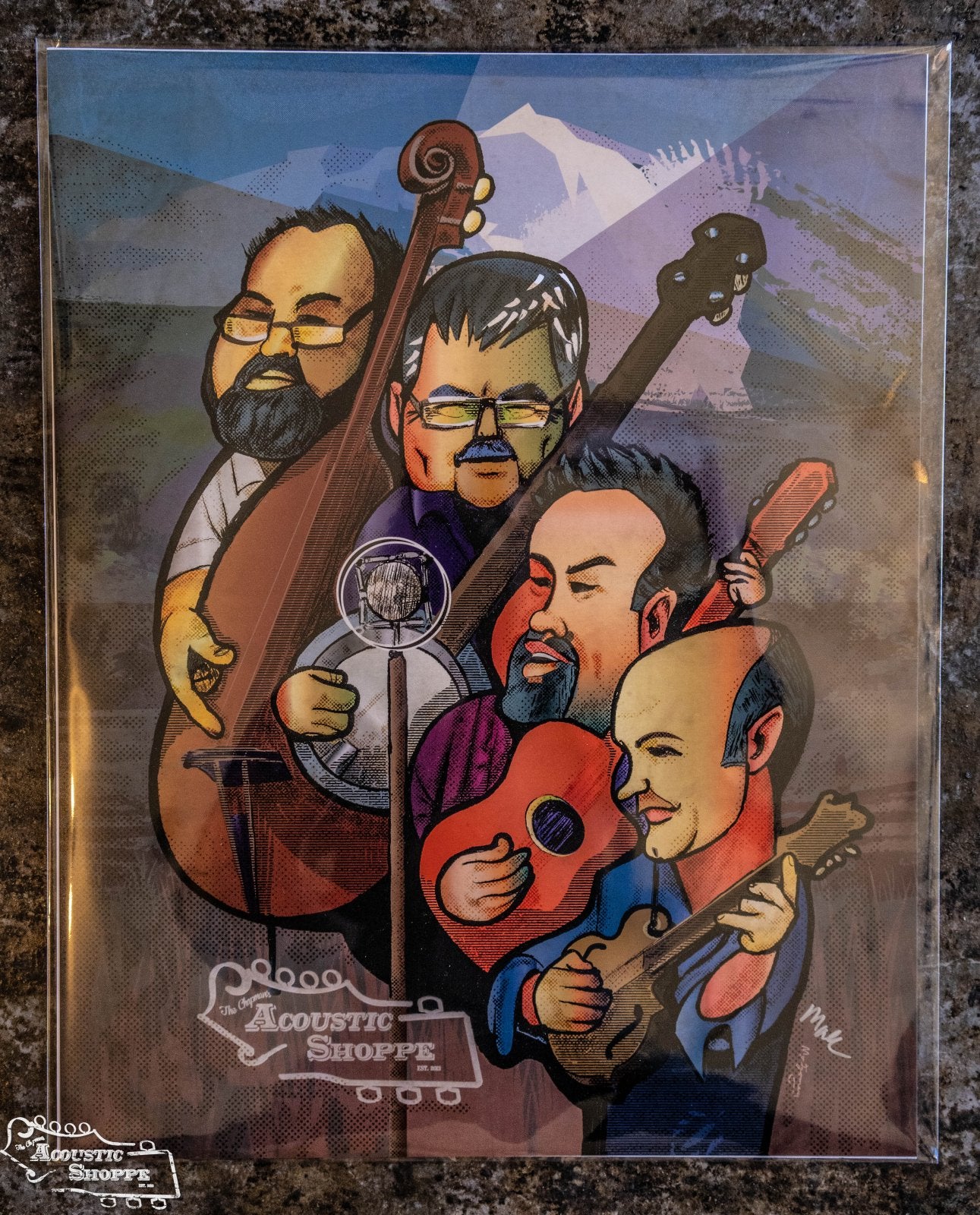 The Chapmans 11x14 Fine Art Print by Mark A Montgomery features a colorful caricature of four men with instruments against mountains, with The Acoustic Shoppe logo. Limited edition on archival matte paper by Mark A Montgomery.