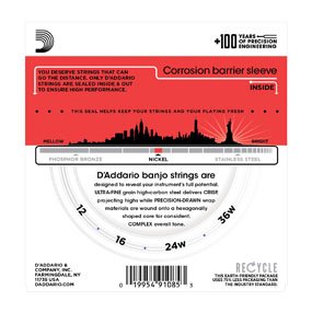 Back of D'Addario EJ63I Irish Tenor Banjo Nickel 12-36 strings package displays product info, nickel plated string details, corrosion barrier sleeve label, gauges (12-36), and a bold black and red city skyline graphic.