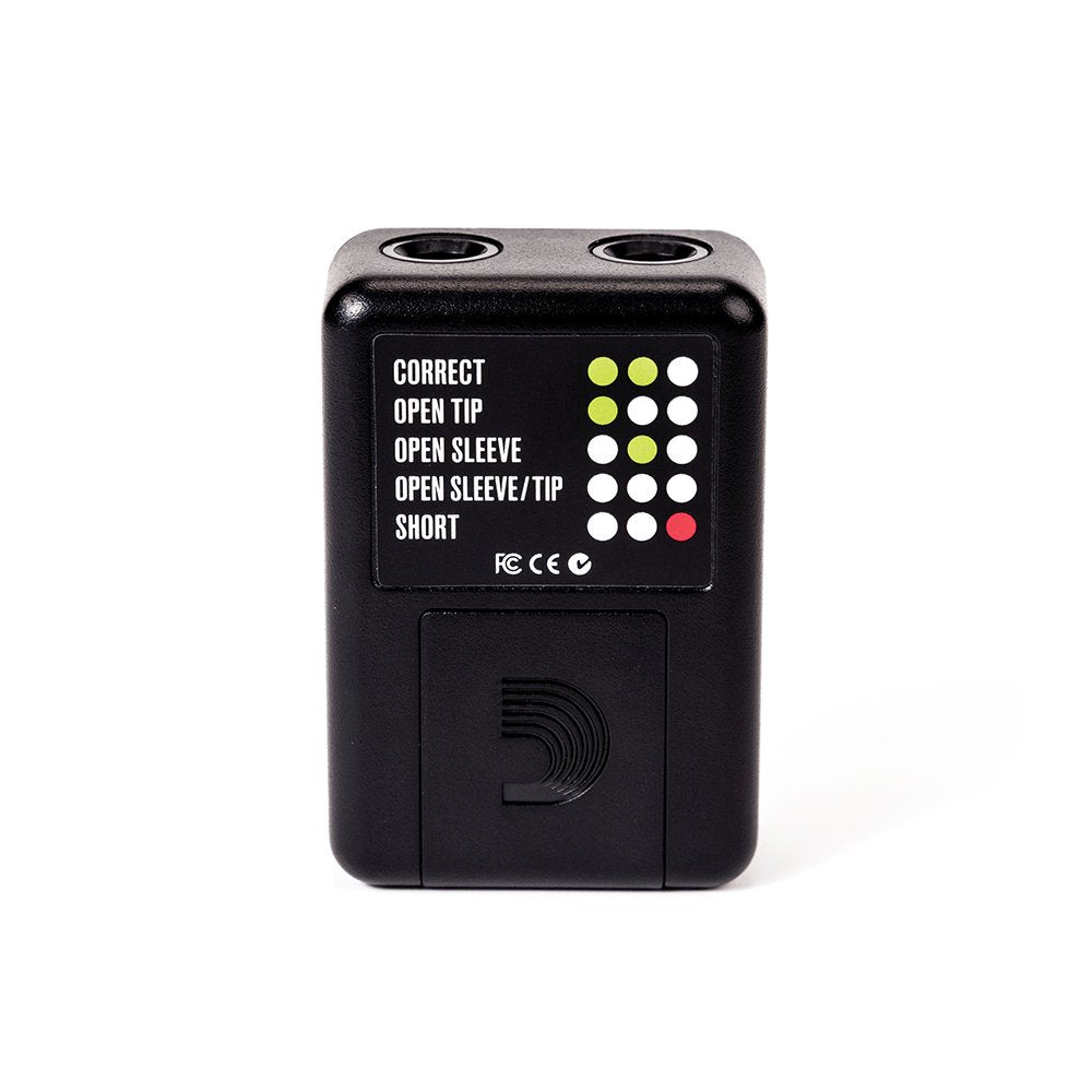 The DAddario Power and Instrument Cable Tester PW-DIYCT-01 is a pocket-sized black device with two input jacks on top and an indicator panel featuring labeled colored LEDs for Correct, Open Tip, Open Sleeve, Open Sleeve/Tip, and Short.
