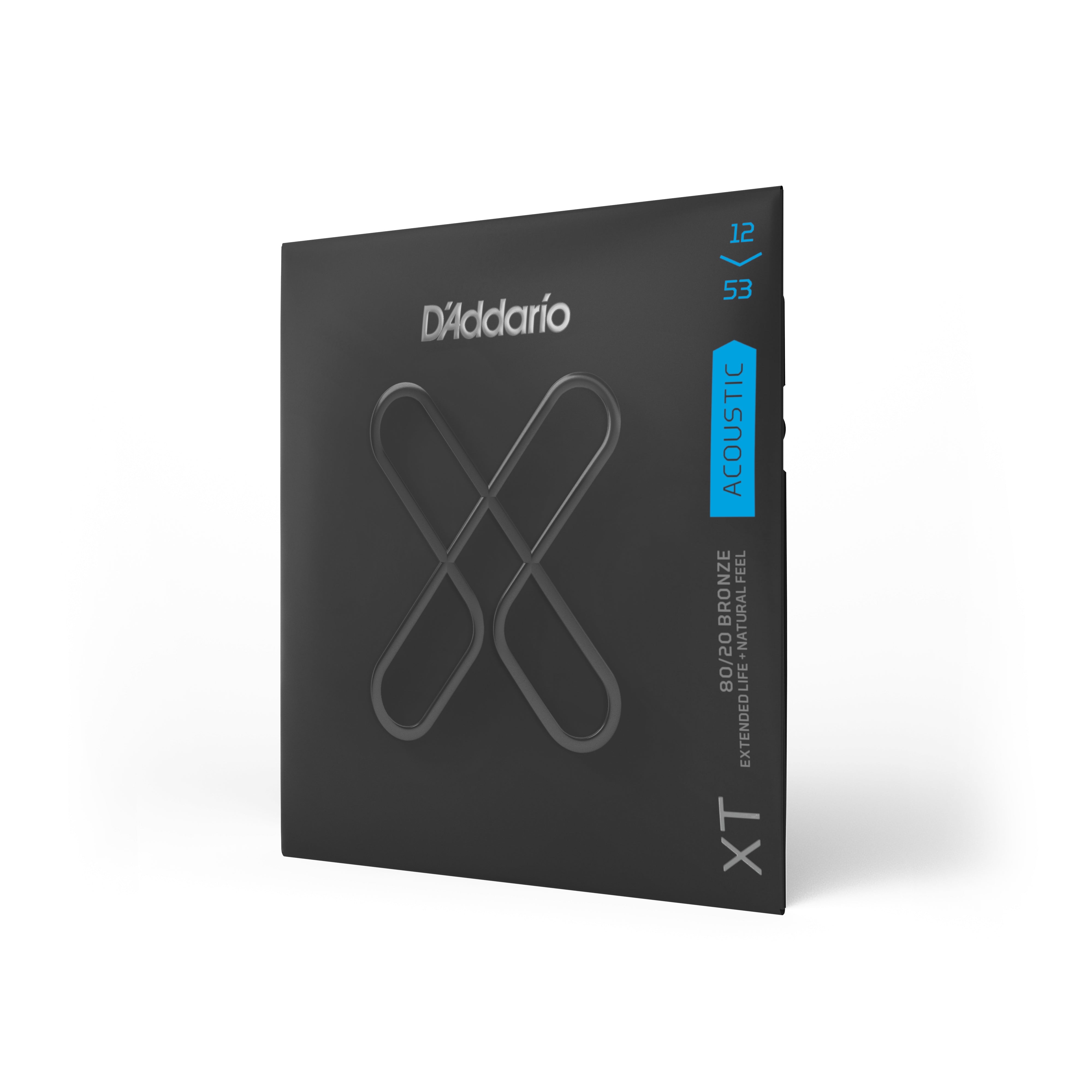 The D'Addario XTABR1253 80/20 Bronze Light Acoustic Guitar Set features a black package with a metallic X, labeled 12-53 gauge and “ACOUSTIC” in blue, offering extended lifespan strings from D'Addario.