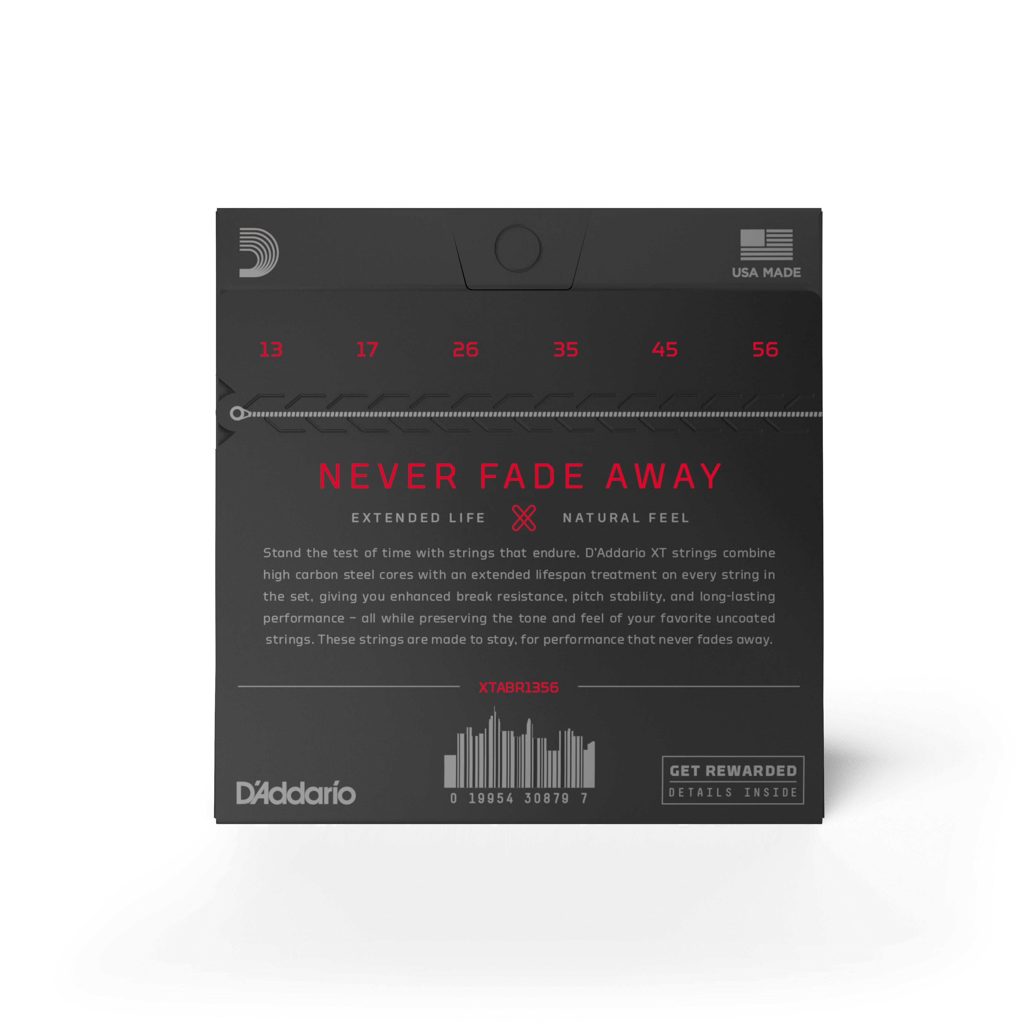 A pack of D'Addario XTABR1356 80/20 Bronze Medium Acoustic Guitar Strings features "Never Fade Away" in red and white on black, highlighting a polymer coating for longer life, natural feel, and string gauges above bold D'Addario branding.