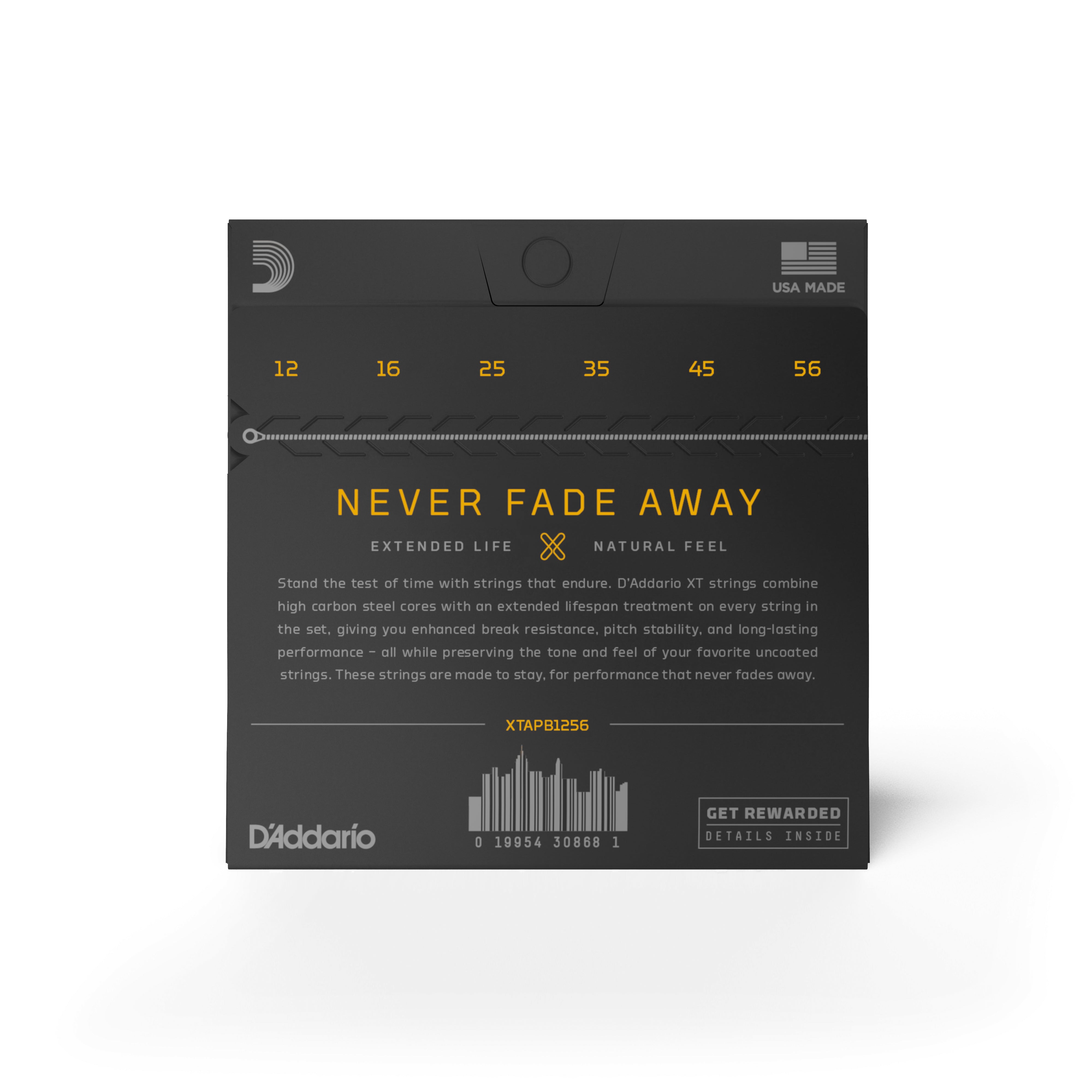 Black package of D’Addario XTAPB1256 Phosphor Bronze Light/Medium Acoustic Guitar Set, 12–56 gauge, featuring yellow and white text, the slogan "Never Fade Away," and product details below.