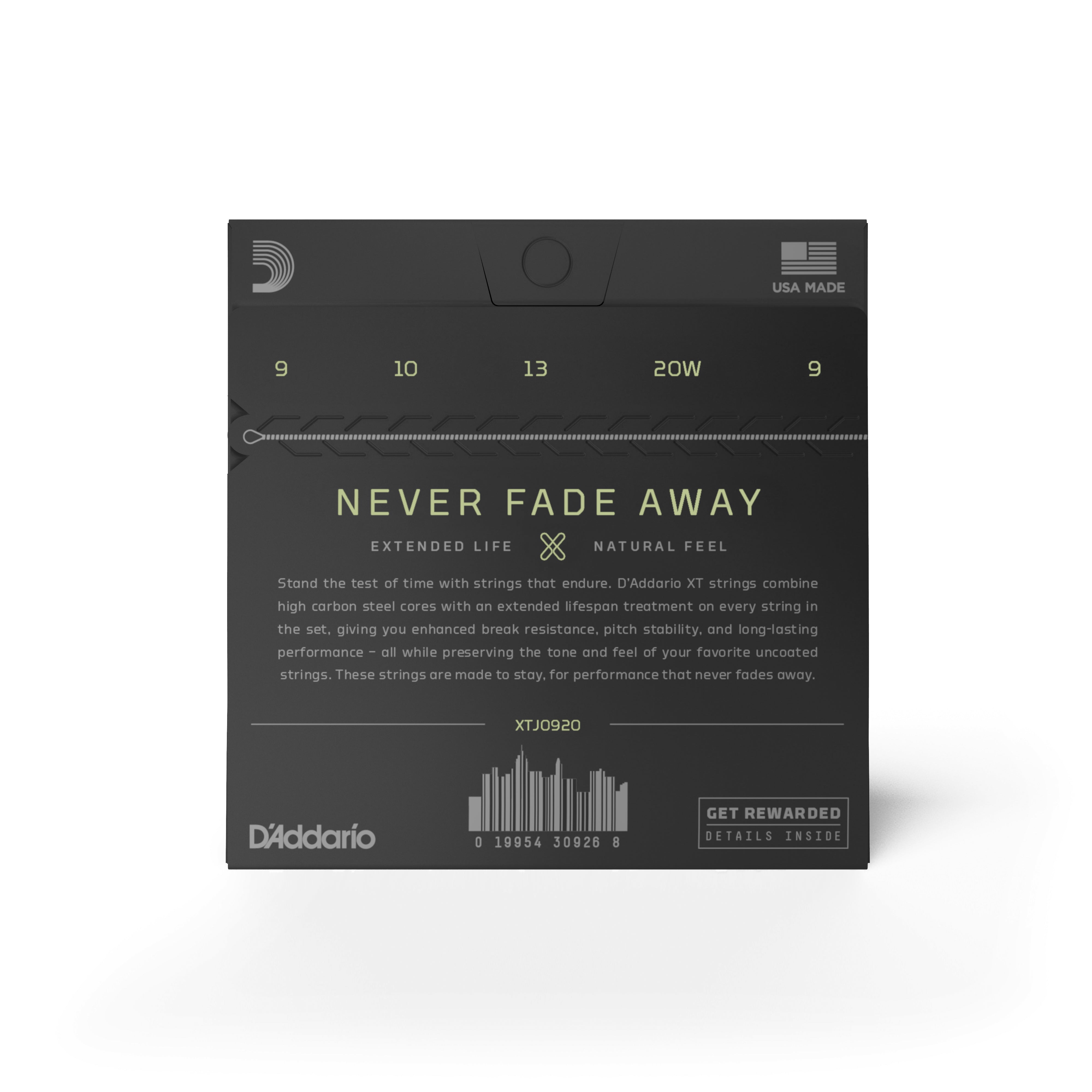 Front view of D’Addario XTJ0920, XT Banjo Nickel Plated Steel, Light (09-20) packaging. Black with green/white text, “Never Fade Away” slogan, extended lifespan polymer coating, barcode, D’Addario logo, and “USA Made” label.