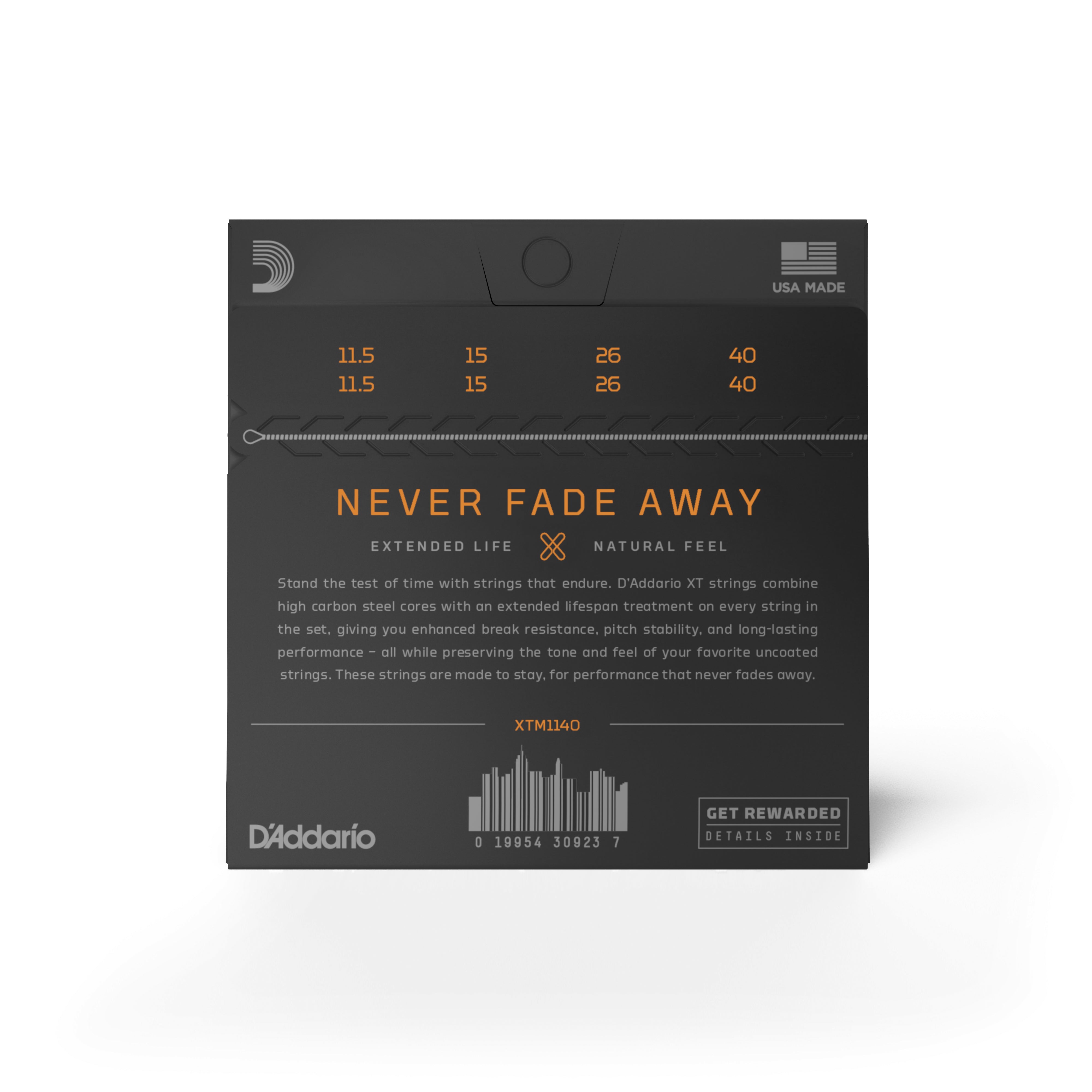 DAddario XTM1140 Phosphor Bronze Medium Mandolin Strings in a black and gray package feature gauges 11.5, 15, 26, 26, 40. Never Fade Away highlights their extended life—perfect for acoustic instrument dealers.