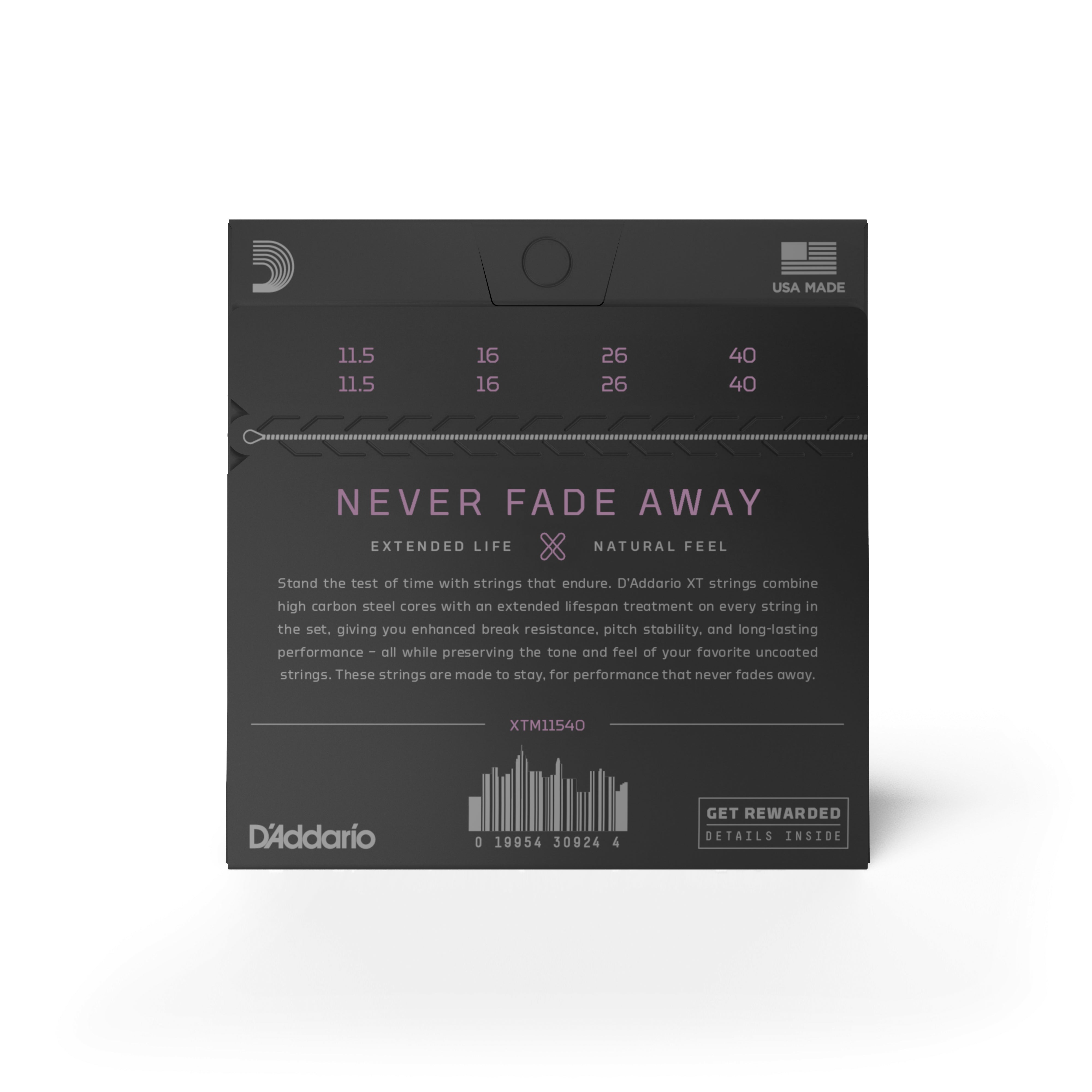 A set of D'Addario XTM11540 Phosphor Bronze Custom Medium Mandolin Strings features a polymer coating for extended lifespan and a natural feel, highlighting D’Addario’s quality and the assurance to "Never Fade Away.