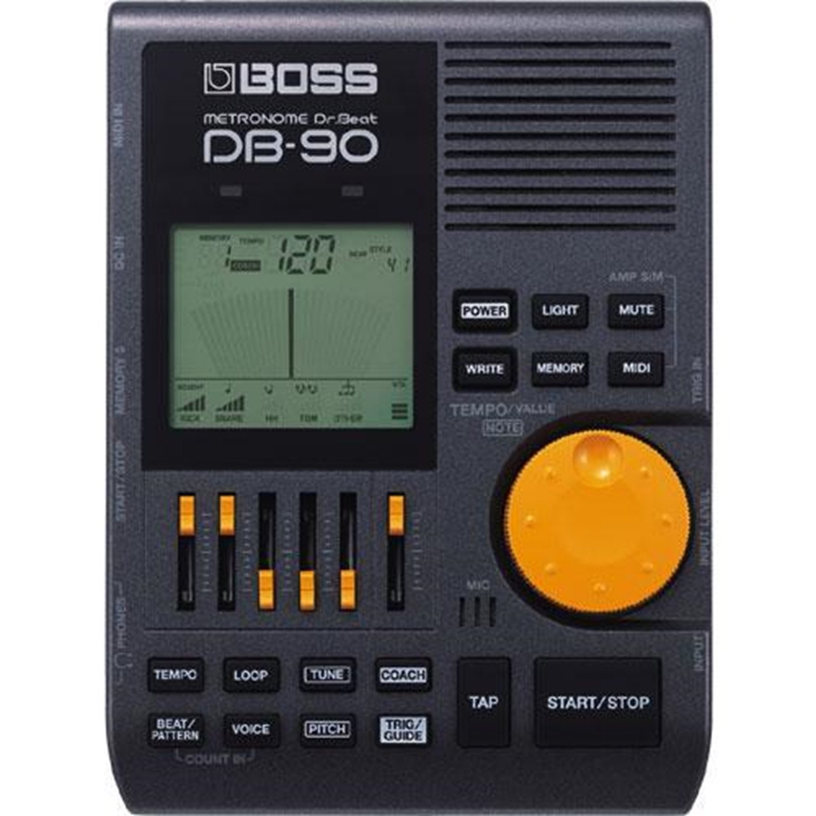 The Acoustic Shoppe’s DB-90 Dr Beat Rhythm Coach metronome features a black design, LCD screen, orange dial, sliders, and buttons for tempo and beat—making it an essential rhythm trainer for musicians.