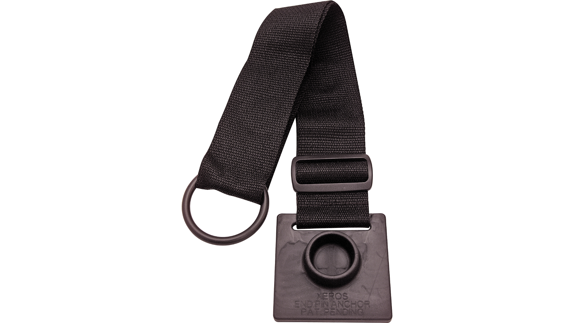 The Xeros Endpin Anchor: Cello (1007XC) by Xeros features a black woven strap with a heavy duty D-Ring on one end and a rectangular plastic plate with a circular hole and embossed text on the other.