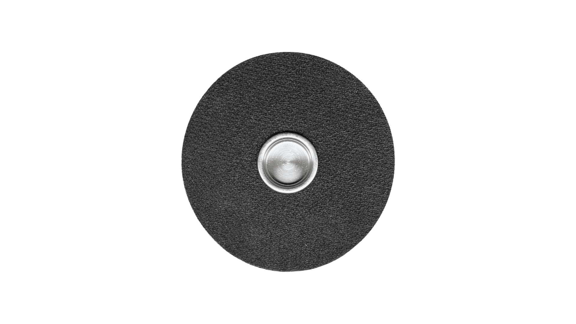 A close-up of the Rockstop Cello Endpin Rest Standard (101RS) by Rockstop features its circular, textured black design with a metallic center, set against a white background and black border—ideal for any Acoustic Shoppe display.