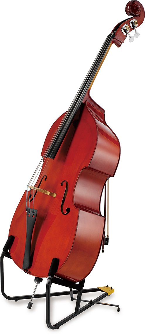 A wooden double bass with four strings stands upright on the Hercules Double Bass Stand (DS590B) by Hercules, featuring sturdy steel construction and secure locking pins, isolated on a white background.