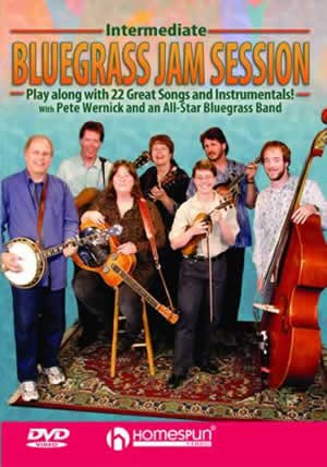 DVD cover for Homespun Bluegrass Jamming Intermediate Level (DLWERJM22) by Homespun, showing seven smiling musicians with bluegrass instruments on a pink background—ideal for learning classic bluegrass jam session skills.