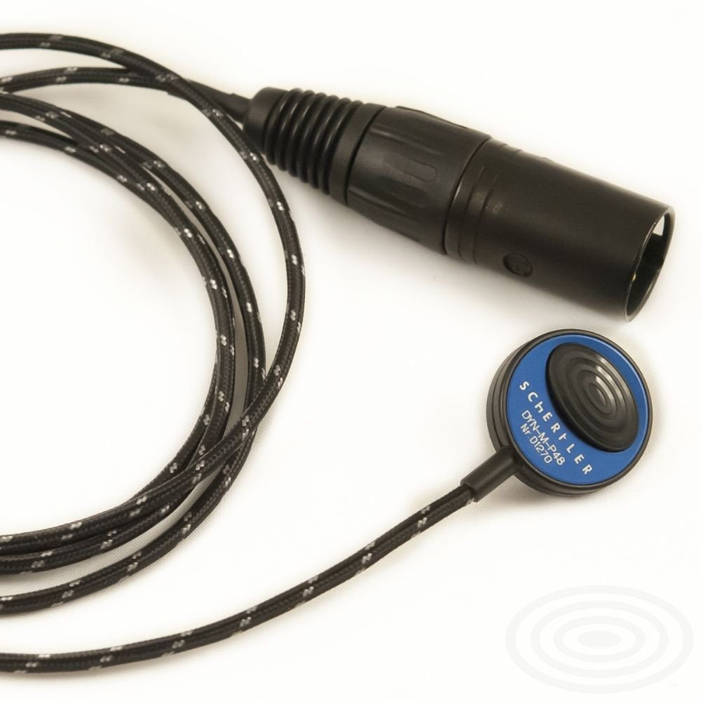 A close-up of the Schertler DYN-M-P48 Mandolin Active Electrodynamic Contact Microphone shows its small blue casing, black braided cable, and XLR connector—ideal as a mandolin contact mic from Schertler.