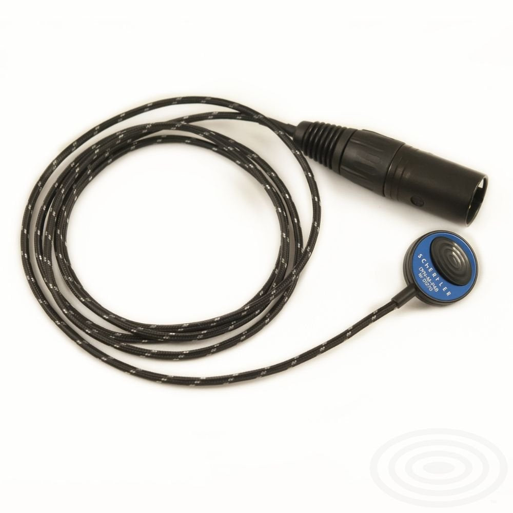 A black coiled cable with a circular blue Schertler DYN-M-P48 Mandolin Active Electrodynamic Contact Microphone on one end and a black XLR connector on the other, displayed on a white background. Brand: Schertler.