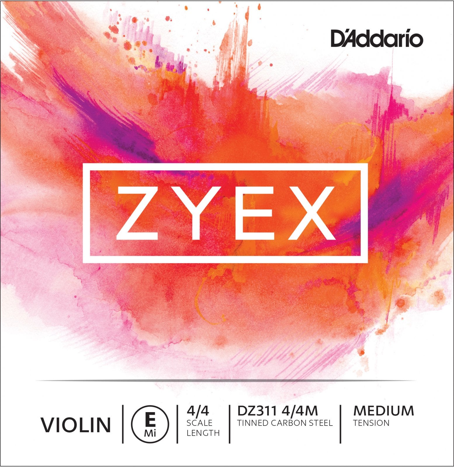 A colorful abstract background features "ZYEX" in bold white, the D’Addario logo at the top right, and text below for "D'Addario DZ311 4/4M Zyex Violin Single E String 4/4 Scale Medium Tension.