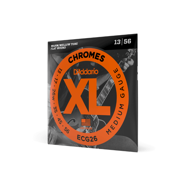 DAddario ECG26 Chromes Flat Wound Electric Guitar Strings, Medium (13-56), feature signature orange circle labeling on a black background. Ideal for guitarists seeking premium flatwound strings from DAddario.