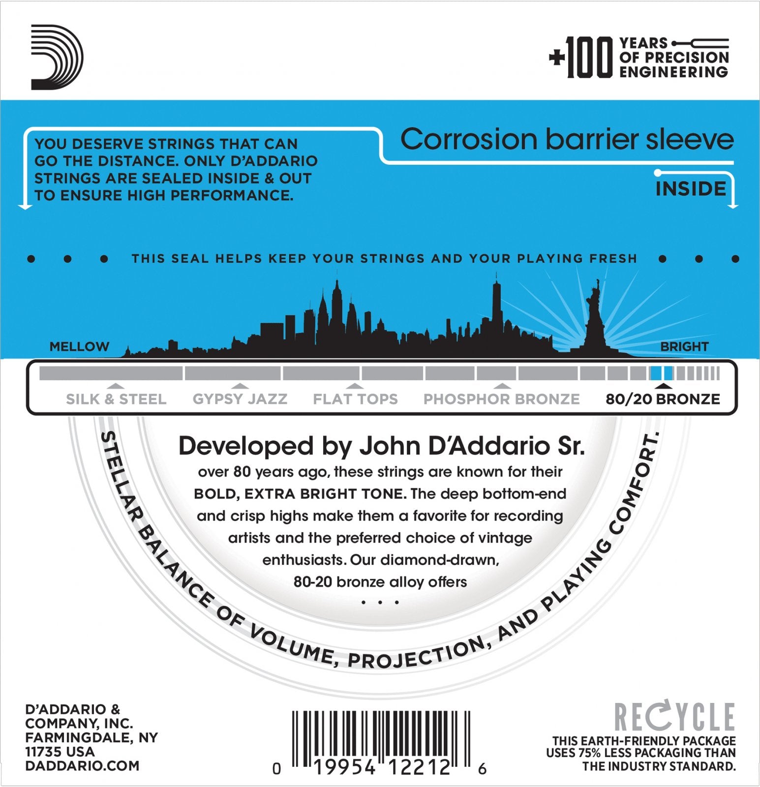 D'Addario EJ11 80/20 Bronze Acoustic Guitar Strings - Light 12-53