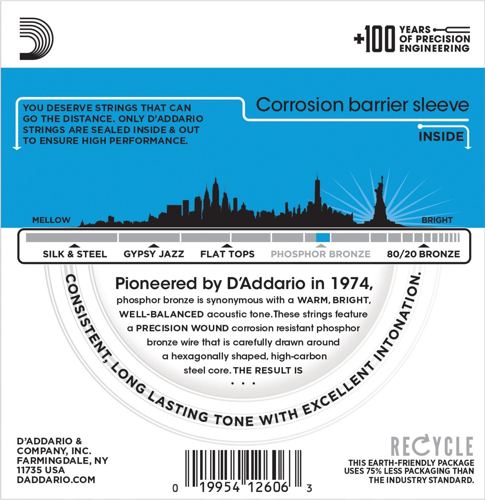 Round product label for D'Addario EJ16-3D Phosphor Bronze Acoustic Guitar Strings 3 Set Light 12-53. Blue header notes corrosion barrier sleeve. Tone bar shows mellow to bright. Bottom highlights long-lasting tone and recycling message.