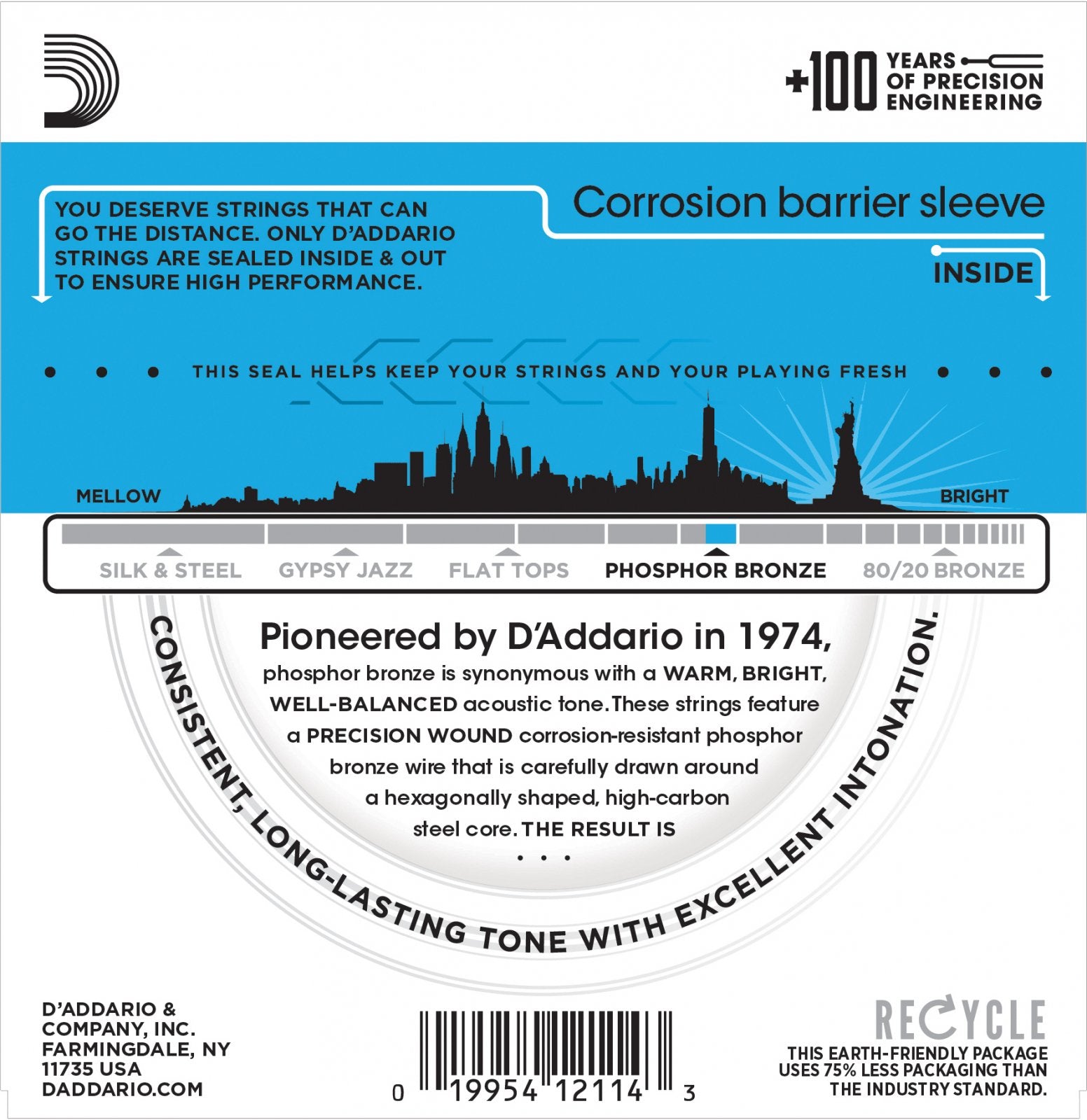 Back of a DAddario EJ16 Phosphor Bronze Acoustic Guitar Strings package shows features like long-lasting tone, corrosion barrier sleeve, hexagonal steel core, phosphor bronze winding, and a barcode—ideal for acoustic guitar players.