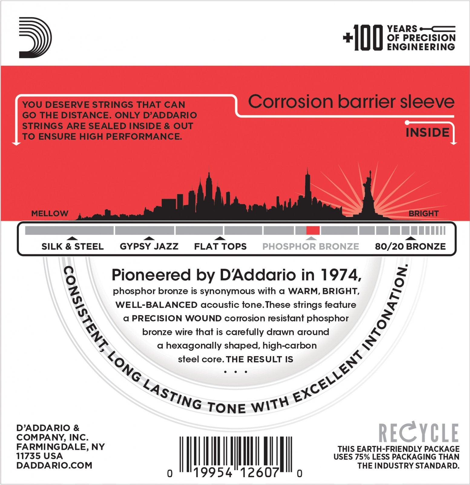 The circular packaging for D'Addario EJ17-3D Phosphor Bronze Acoustic Guitar Strings (Medium, 13-56, 3 Sets) showcases red and white design elements with details on corrosion protection, tone richness, recycling, a barcode, and contact info.